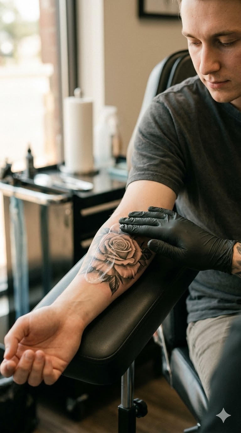 Tatuoinnin hoito: tuoreen realistisen leijonatatuoinnin hellävarainen pesu green soapilla.